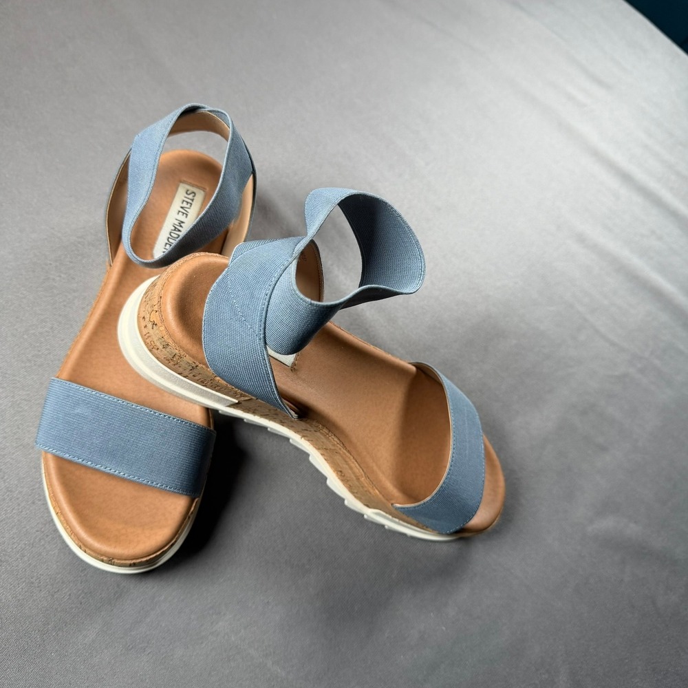 Steve Madden Elba Womens 7 Dusty Blue Elastic Cork Platform Wedge Sandals Casual - Picture 2 of 9